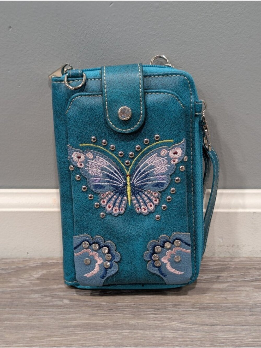Turquoise Bag Phone Wallet Feature Butterfly Embroidered Rhinestones Zip Around